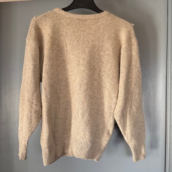 Tan Silk/angora/wool Blend Sweater sz M Faux Leather Leaves Crew Neck Beaded - Picture 2 of 6